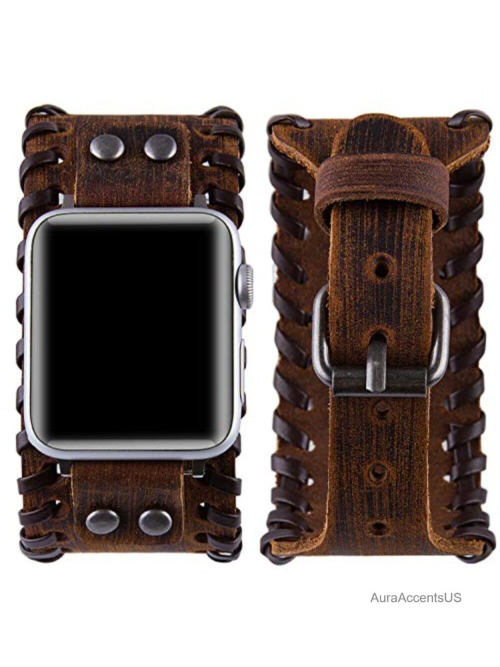 Genuine Leather Cuff Watch Band for Apple Watch 38-49mm, Retro Viking Bracelet